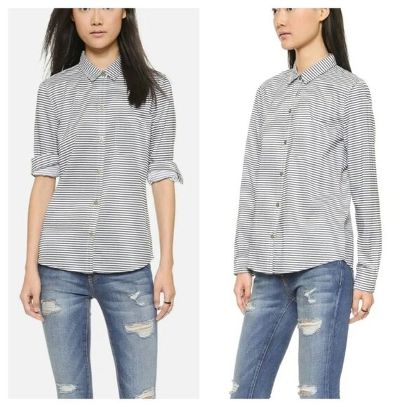 Current Elliot Womens Blouse Size M 2 Black Stripe The Slim Boy Misty Shirt - Picture 1 of 12